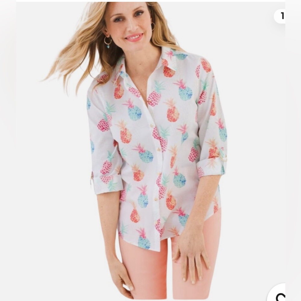 Chicos No-Iron Button down shirt. Hardware Roll Tab Sleeves Pineapple Print. - Picture 1 of 6